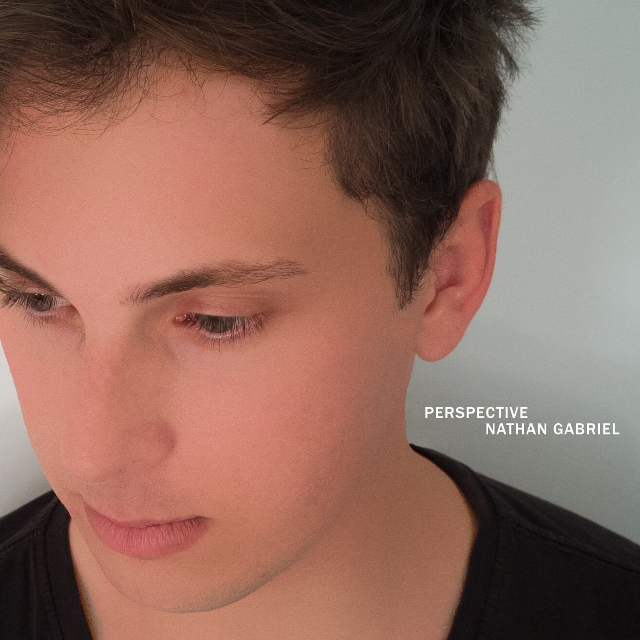 Nathan Gabriel's face, younger, with hair, looking off to the distance, straight face.